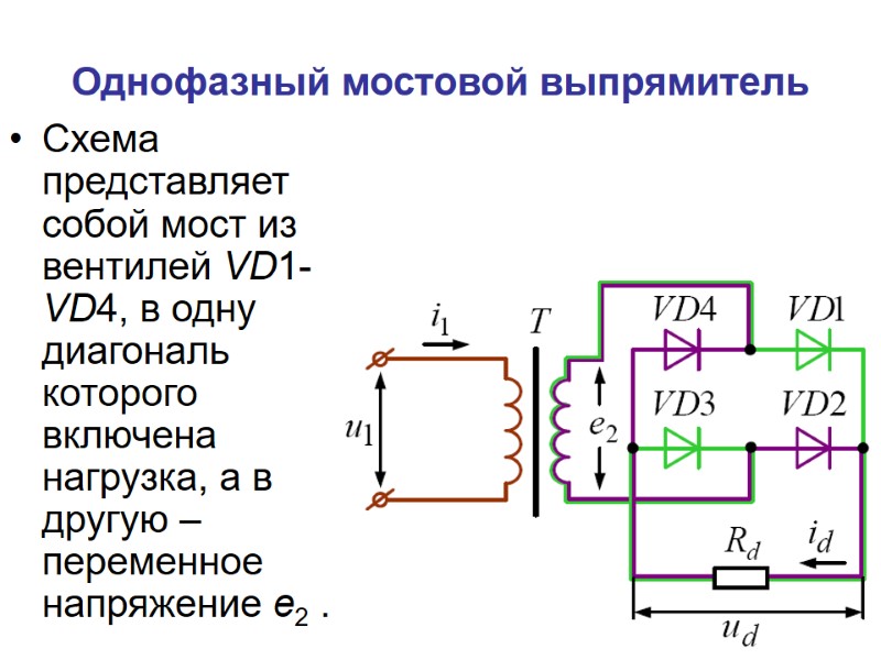 Однофазный мостовой выпрямитель Схема представляет собой мост из вентилей VD1-VD4, в одну диагональ которого